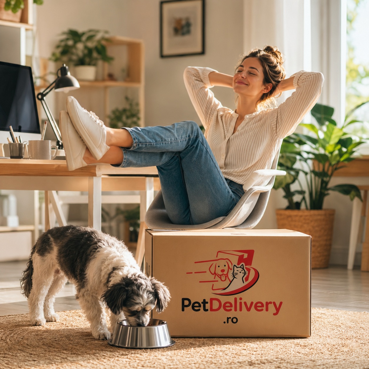 Stăpân relaxat în timp ce pisica mănâncă lângă coletul PetDelivery.ro